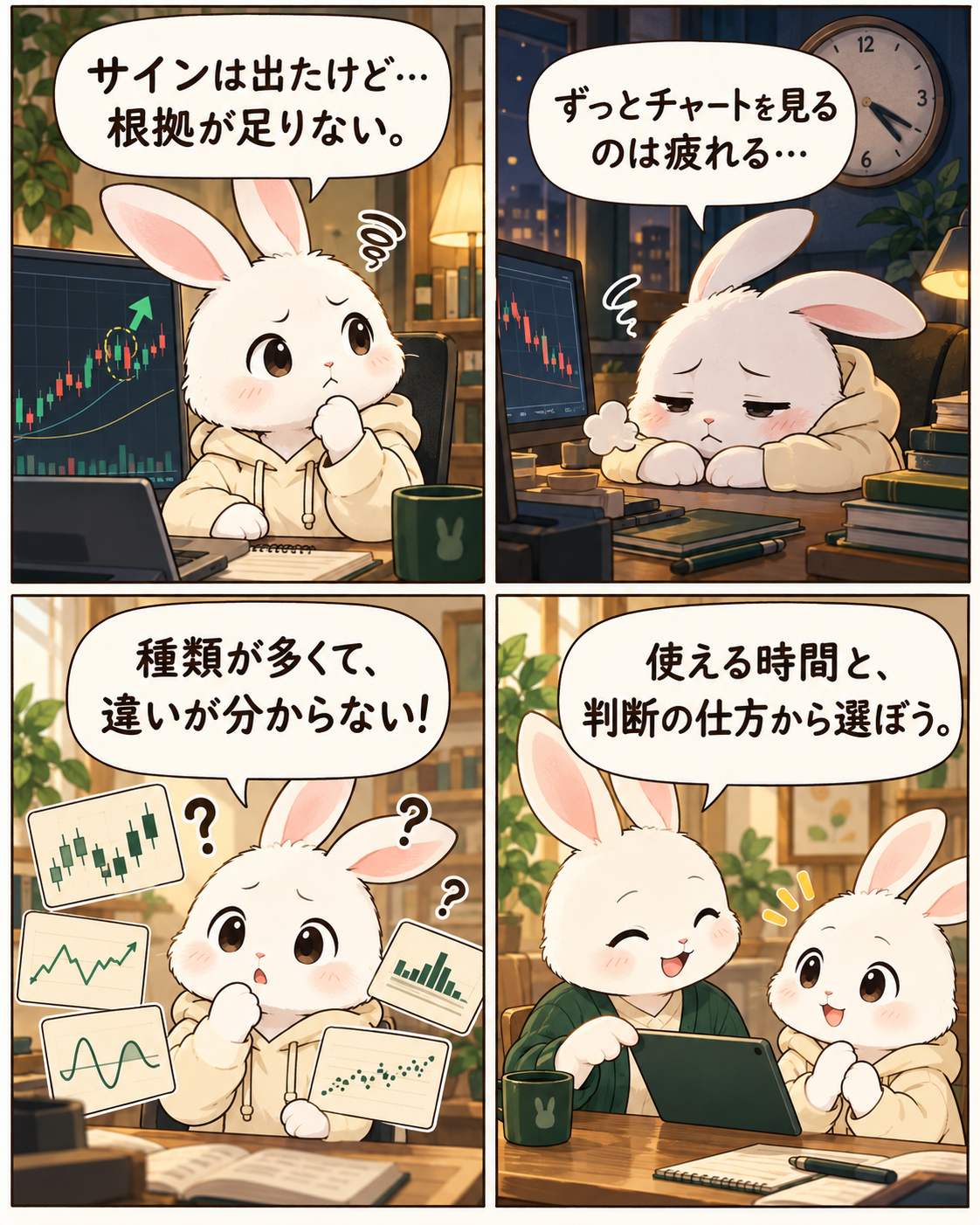 サインの根拠に迷う、チャートを見続けて疲れる、商品の違いが分からないうさぎに、使える時間と判断の仕方から選ぼうと案内する4コマ漫画