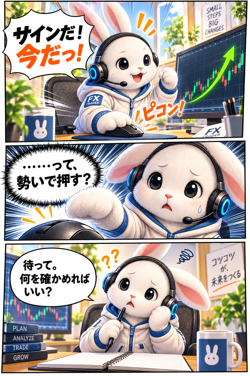 売買サインを見つけ、慌てて決めずにAIの解説を確認するうさぎの漫画